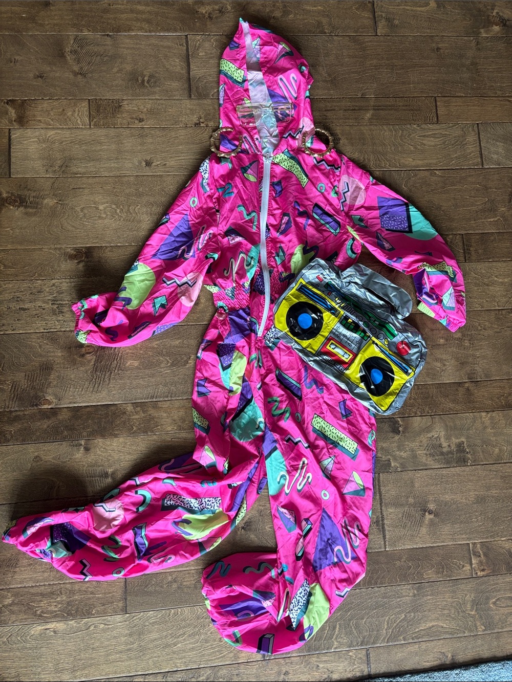 Pink Retro Boombox Kids Costume Hooded Jumpsuit